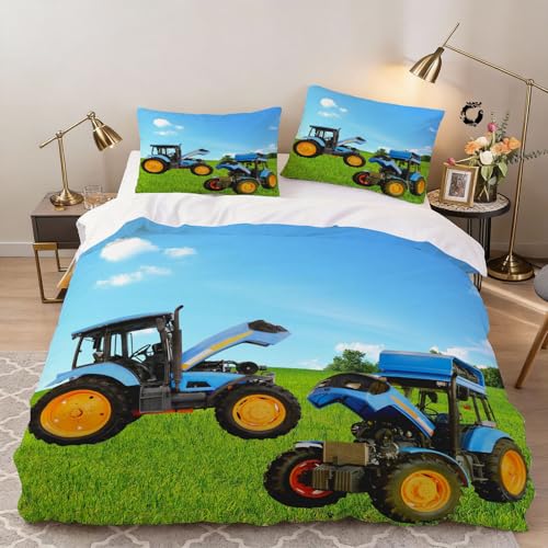 Hongduo 3D Traktor Bettwäsche 135x200 cm Weich Mikrofaser Landhausstil Bettwäsche-Sets mit Reißverschluss 3 Teilig Bettbezüge mit 2 Kissenbezug 80x80 cm
