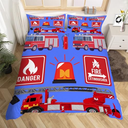 3D Feuerwehrauto Fahrzeug Muster Bettwäsche Set 155x220 cm Weich Mikrofaser Feuerwehr Bettwäsche-Sets mit Reißverschluss 3 Teilig Bettbezug Set mit Kissenbezug 80x80 cm