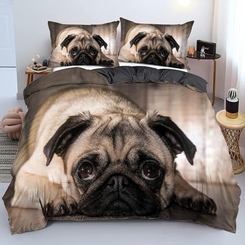 LMMSMGS Bettwäsche 135x200 Mops Bettwäsche-Sets– Weiches Mikrofaser-Set mit Bettbezug 135x200 + 1 Kissenbezüge 80x80 mit Reißverschluss Eckbinder für Mädchen Jungen