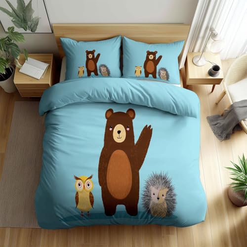 Srigzcaly Bettwäsche 135x200cm Cartoon Tier Bär Eule Igel, Hellblau Bettbezug Set 3 Teilig mit 2 Kissenbezug 80x80cm, Weiche Microfaser Wende Mikrofaser Bettwäsche, Bettdeckenbezug mit Reißverschluss