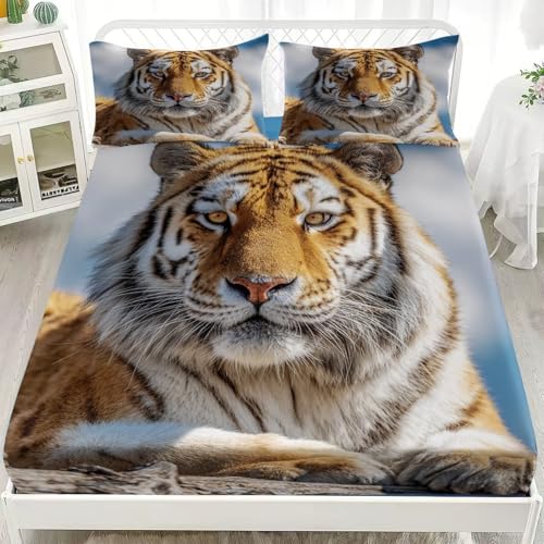 Weich Mikrofaser Spannbettlaken 90x200cm MäChtiges Tier Tiger Atmungsaktive Spannbetttuch und 2 Kissenbezüge Tiefe Tasche 30cm Blau Hypoallergen Bettwäsche-Sets für Kinder