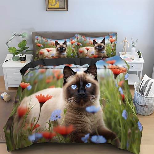 YZQGLHP Siamkatze Bettwäsche 135x200 Daisy, Wendebettwäsche & Zimmer Deko, Weiche Microfaser Bettbezug Set 2 Teilig, 2 Kissenbezug 80x80, mit Reißverschluss