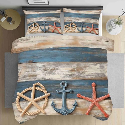 Dppyuxa Nautisches Steuerrad Bettbezug 155x220 Küsten Seestern Microfaser Weich Bügelfreie Bettwäsche Set Maritim Anker Deckenbezug Weich 2 Kissenbezüge 80x80 mit Reißverschluss