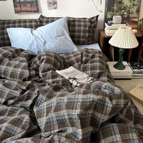 Lanqinglv Bettwäsche 135x200 cm Braun Blau Kariert,Aesthetic Bettwäsche Gitter aus Microfaser,Vintage Geometrisch Bettwäsche Allergiker Bettbezug und 1 Kissenbezug 80x80 cm