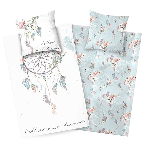 Aminata kids Bettwäsche Traumfänger 135x200 Biber Flanell Baumwolle Dreamcatcher | türkis - Mädchen | 2- teilige warme & weiche Kinder-Wende-Bettwäsche- Set
