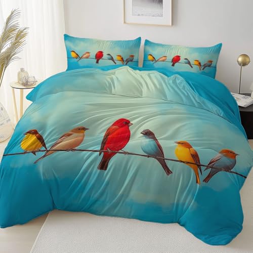 Bettbezug 220 x 240 cm, Vintage Vogel Ölgemälde Print Bettwäsche, Weich Mikrofaser Reversible Bettbezüge für Erwachsene Jungen und Mädchen Schlafzimmer Türkis