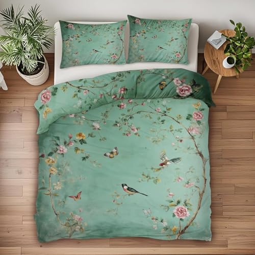 Rosa Blumen Bettwäsche 140x200cm, Vögel und Schmetterlinge Bettbezug, 3-Teiliges Bettwäsche-Sets aus Atmungsaktiver und Weicher Mikrofaser, 2 Kissenbezüge mit Reißverschluss AH309