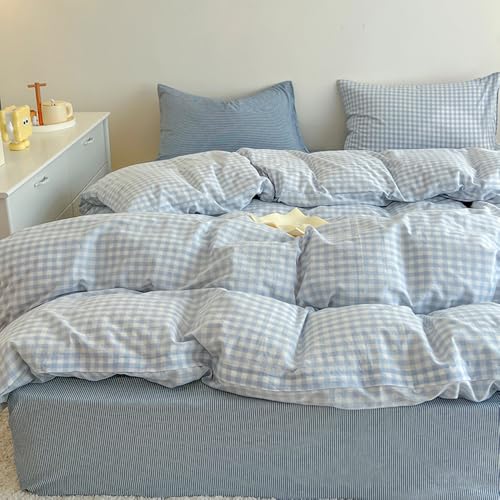 Covebett Bettwäsche Kariert 135x200 Blau Weiß Bettwäsche Set Gewaschene Microfaser 2teilig, Modern Aesthetic Weiss Blau Karo Gitter Bettbezug mit Reißverschluss und Kissenbezug 80x80 cm