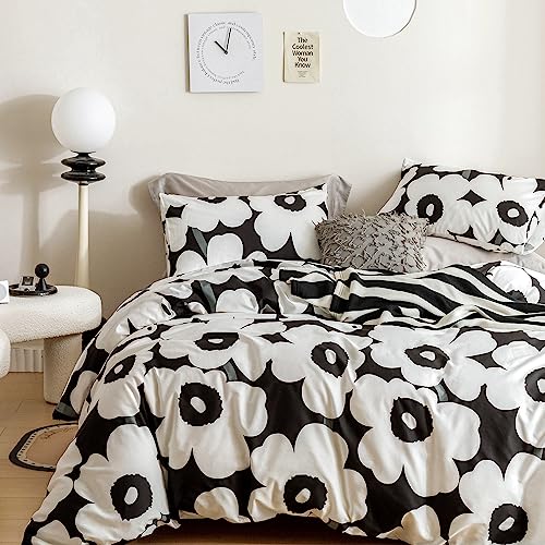 YuHeGuoJi Weißer Bettbezug mit Blumenmuster, King-Size-Bett, 100% Baumwolle, Schwarze Blume, 3-teiliges Set, 1 Pflanzenblüten-gemustert er Bettbezug mit Reißverschlussbändern, 2 Kissenbezüge,