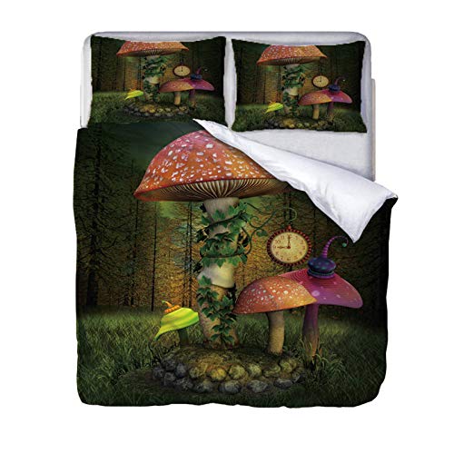 AOUAURO Bettwäsche 200x200 Pilz Bettbezug Set 3D 3-Teiliges Polyester mit Reißverschluss 1 Bettbezug und 2 Kissenbezug 80x80cm 3 Stück Doppelbett