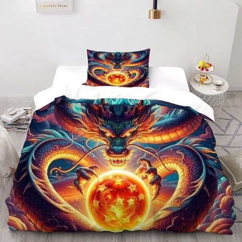 SHEVOVER Flamme Dragon Ball Bettwäscheset 3D Druck Der goldene Mythos Weiche Mikrofaser Bettwäsche Mit Kissenbezügen Mit Leichtläufigem Reißverschluss Für Teens Single?135x200cm?