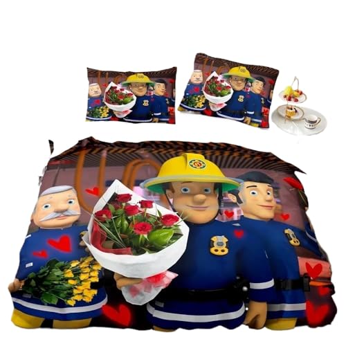 GOUVKEY Cartoon-bedrucktes Feuerwehrmann-Bettwäsche set „Feuerwehrmann Sam“ HD-Bettbezug Bettwäsche für Kinder Bettwäsche-Sets Schlafzimmerdekoration (135x200cm+75x50cmx,1)