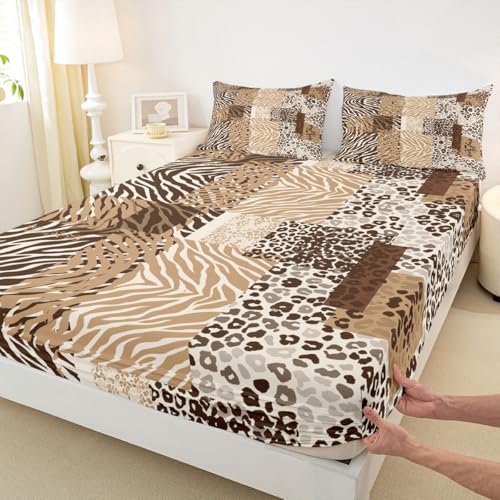 Tierhaut Einbaublech S Größe Beige Braun Retro Zebra Leopard Druck Geometrische Plaid Bettdeckung, 1 Kissenbezug ländliche Vintage hübsche Wildtier Haut Bettwäsche Set für Jungen