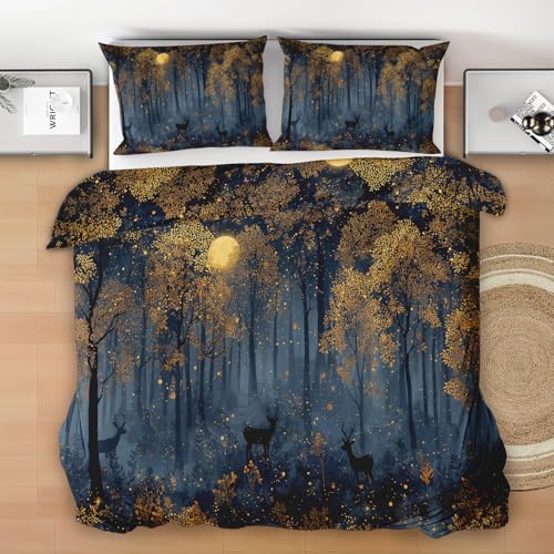 Mondlichtwald Bettwäsche Set, Hirsch Tier Bettbezug Set Wendebettwäsche 140x200 cm, Geheimnisvoller Wald Einfache Pflege 2 Teilig mit 1 Kissenbezügen, Weich Mal Bettbezug Mondlichtwald Bettwäsche Set, Hirsch Tier Bettbezug Set Wendebettwäsche 140x200 cm, Geheimnisvoller Wald Einfache Pflege 2 Teilig mit 1 Kissenbezügen, Weich Mal Bettbezug