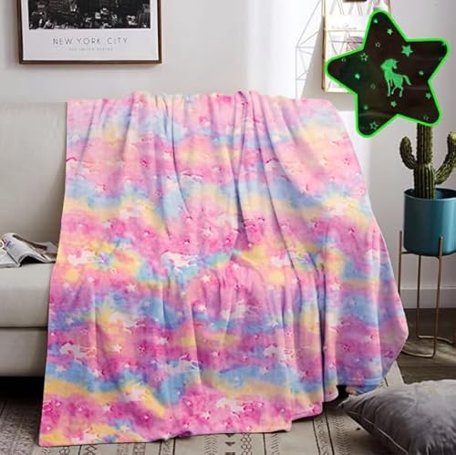HZVRTN Kuscheldecke Kinder Einhorn/Dinosaurier/Weltr aum Decke, kuscheldecke leuchtet im Dunkeln, warme Decke Flauschige Geschenke für Jungs mädchen Sofa Kinderdecke (Einhorn B, 150x200cm)