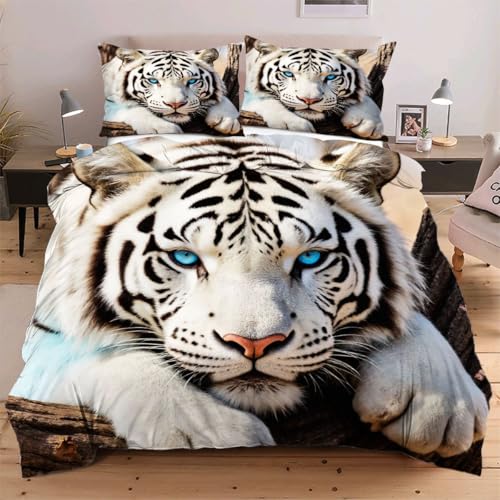 Fotmung Bettwäsche 155x220 Tier Tiger, Deluxe Hohe Qualität Bettbezug 155 x 220 cm mit 2 Kissenbezug 80 x 80 cm, Bettwäsche Set für Doppelbett mit Reißverschluss E191