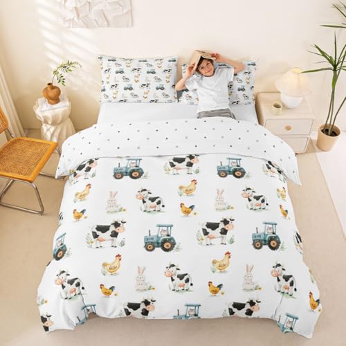 Manfei Süße Kühe Hühner Bettdecke Abdeckung S Größe,Landwirtschaftlic her LKW Traktor Bettwäsche Set Kinder Mädchen Jungen Zimmer Dekor,Rustikale Bauernhof-Tiere Decken Abdeckung, 1 Kissenbezug
