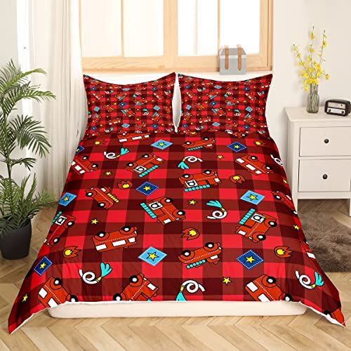 Rotes Feuer Engine Bettbezug Set Feuerwehrauto Bettwäsche Set 155x220cm für Kinder Jungen Mädchen Feuerwehr Betten Set Geometrisches Gittergitter mit 1 Kissenbezug