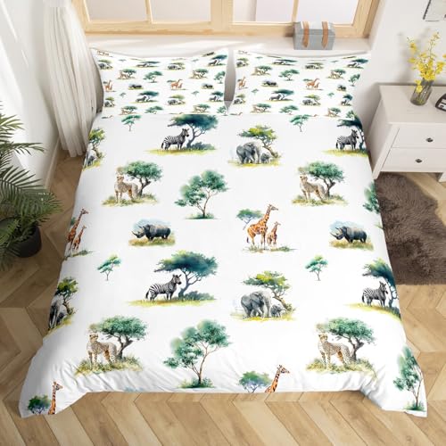Homemissing Dschungeltiere Bettbezug Set Elefant Bettwäsche Set 200x200cm Zebra Bettwäsche-Set Giraffe Hippopotamus Schlafzimmer Dekor 3 Stück Leopard Gepard Druck Grün Grau Orange mit 2 Kissenbezug