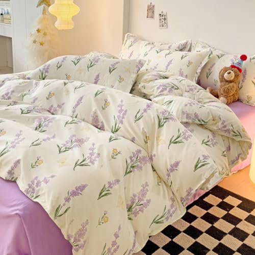 Sedefen Bettwäsche 220x240cm Lila Blumen Blätter Muster Bettbezug Violett Floral Pflanzen Gelb Schmetterling Weiche Microfaser ÖKO-TEX Bettwäsche-Sets mit Reißverschluss und 2 Kissenbezug 80x80cm