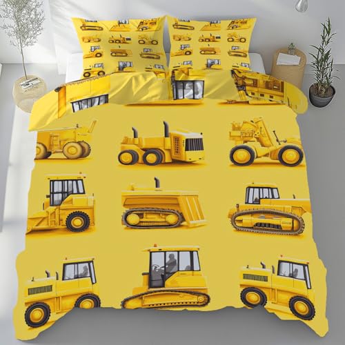 Dyjuaa Traktor Bulldozer Bagger Sommer Bettwäsche 135x200 cm 3teilig Cartoon Baufahrzeuge Bettbezug Mikrofaser Weich Atmungsaktiv 2 Kissenbezüg 80x80 cm Bettwäsche Set mit Reißverschluss