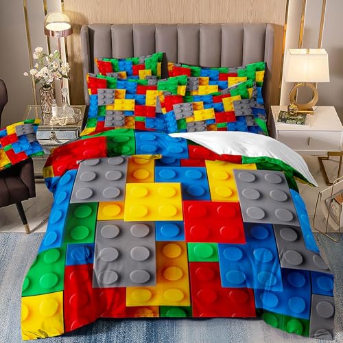 VOGIAY Bunte Bausteine Bettwäsche Set 2 Teilig Weich Bettbezug 135x200 cm & 1 Kissenbezug 80x80 cm Microfaser Bettbezüge Set mit Reißverschluss Bettdeckenbezug für Kinder Jungen Mädchen
