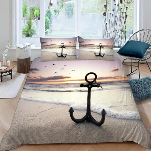 Bettwäsche 220x240 Maritimes Thema Bettwäsche Set 3D Bettbezug Set Weich Microfaser Bettbezüge 3 Teilig Strand 3D-Druck Bettwäsche-Sets für Einzelbett mit 2 Kissenbezug c.4206