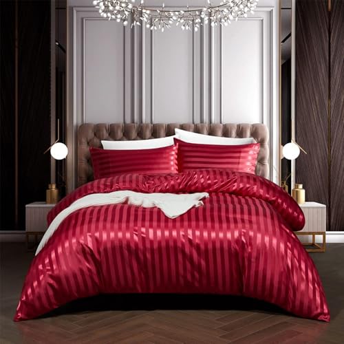 Tospass Sommer Satin Bettwäsche 220x240 cm Rot Glatt Weinrot Bettwäsche Set Luxus Seide Deckenbezug Glanzsatin Einfarbig Glänzend Gestreift Bettbezug Bettbezug mit Reißverschluss 2 Kissenbezug 80x80cm