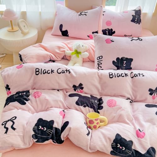 Tospass Winter Bettwäsche 135x200 Katze Schleifen Flanell Biber Winterbettwäsche Plüsch Cashmere Touch Warme Flauschig Deckenbezug ÖKO-TEX Bettbezug mit Reißverschluss und 1 Kissenbezug 80x80cm