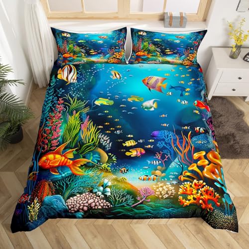 Loussiesd Kinder-Bettwäsche Ozean Fische, Meeresmotiv, Bettbezug 140 x 200 cm, für Jungen, Mädchen, das Meer, Unterwasserwelt, Bettwäsche, Kreatur, süß, das Leben im Meer, Bettwäsche