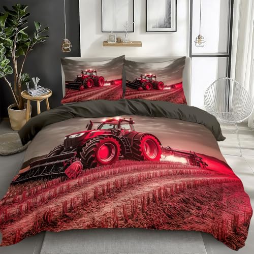 Rot Bettwäsche 200x200 cm Landwirtschaftlicher Traktor 3teilig Bettbezüge Set Wende Bettwäsche aus Polyester Baumwolle mit Reißverschluss, Bettwäsche-Sets Weich und Bügelfrei
