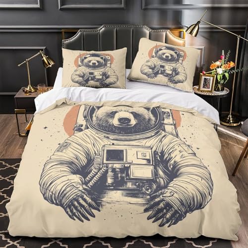 WTORIMPEL Bären-Astronaut 3D Bedruckt Bettbezug 3teilig Mikrofaser atmungsaktiv Vintage-Weltraumillustrat ion Deckenbezug 2 Kissenbezüge versteckter Reißverschluss Kinder Mädchen Single?140x200cm?