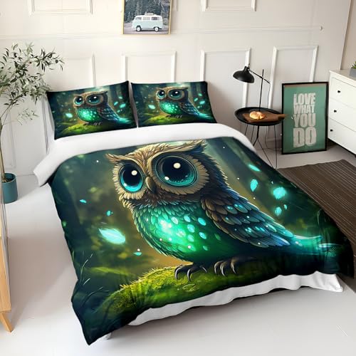 Grün Bettwäsche Set, Fantasie-Cartoon-Eule Bedruckte Mikrofaser Bettbezug Weiche Bettbezug 135 x 200 cm mit 2 Kissenbezug 50x80cm, Bettwäsche Set Mikrofaser mit Reißverschluss