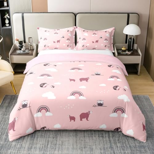 Loussiesd Eule 100% Baumwolle Bettwäsche Set 135x200cm Netter Tierbär Betten Kawaii Wildes Tier Bettwäsche-Set Regenbogen Wolke Vogel Dekor Bettbezug für Kinder Mädchen Jungs Rosa