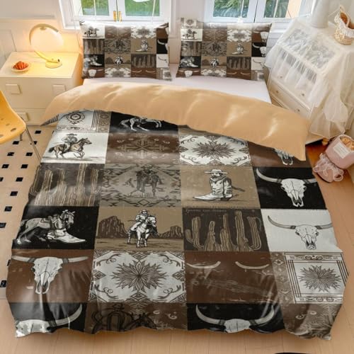 Patchwork-Bettbezug mit Western-Thema, Retro-Bettwäsche-Set, Cowboy-Hufeisen, Kaktus, Kuh, rustikaler Landhausstil (03, Einzelbett 135 x 200 cm + 50 x 75 cm x 2)