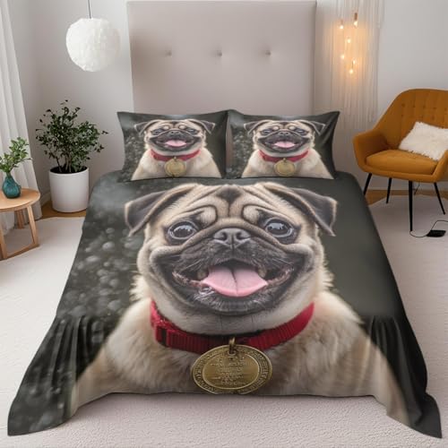 Mops Bettwäsche 220X240 cm Kinder Junge Mädchen 3D Effekt Bettbezug Jugendliche Bettwäsche-Set Mikrofaser Bettbezug Mit Reißverschluss Und 2 Kissenbezug 80X80Cm