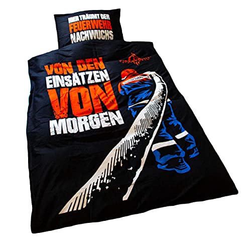 FIRE & FIGHT Streetwear Hier träumt der Feuerwehrnachwuchs - Bettbezug Kopfkissen 80 x 80 Deckenbezug 135 x 200 Oberdecke Set Geschenkidee Motiv retten löschen Bergen schützen Bettwäsche Set