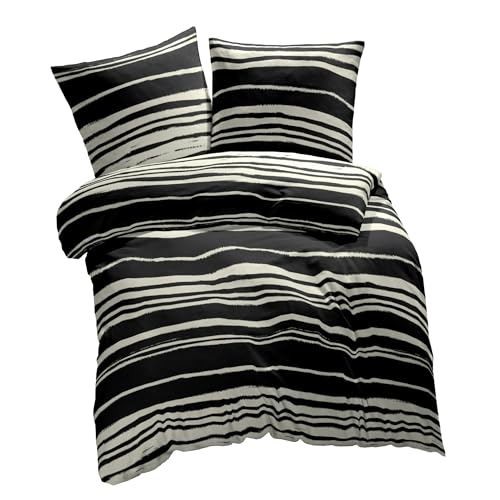 etérea Microfaser Bettwäsche 140x200 2er Set - Ganzjahres Bettbezug - Carola Gestreift Bettwäsche-Set mit Kissen 140x200cm + 70x90 cm Kissen - Schwarz