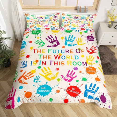 Handabdrücke Bettbezug für Kinder,Bunte Regenbogen Handabdrücke Bettwäsche set 200x200 für Jungen Mädchen,Moderne Kreative Finger Punkte Kunstwerk Tröster Abdeckung,Inspirierendes Motto Bett Set Handabdrücke Bettbezug für Kinder,Bunte Regenbogen Handabdrücke Bettwäsche set 200x200 für Jungen Mädchen,Moderne Kreative Finger Punkte Kunstwerk Tröster Abdeckung,Inspirierendes Motto Bett Set