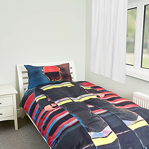 Zappi Co Feuerwehrmann Feuerwehrmann Kinderzimmer 100% Baumwolle Einzelbett-Bettwäsche-Se t + Kissenbezug (135 x 200 cm) - Heldenhafte Bettwäsche für Kinder