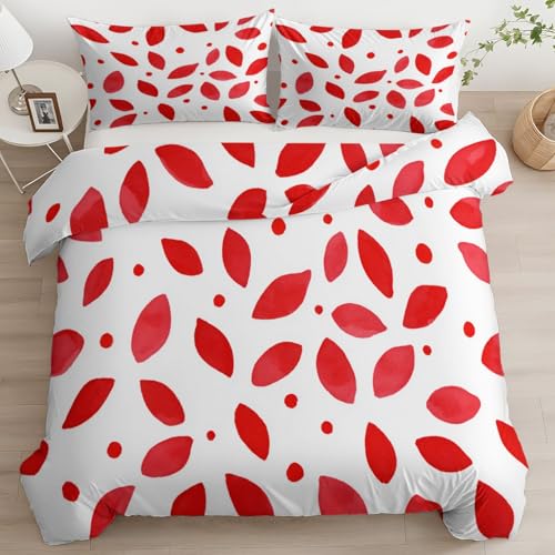 Bettwäsche Set 135 x 200 cm Mädchen Rotweiß Bettbezug Set für Kinder Jungen, Super Weich Minimalistische Geometrische Blütenblätter Punkte Bettwäsche mit 1 Kissenbezug 80 x 80 cm