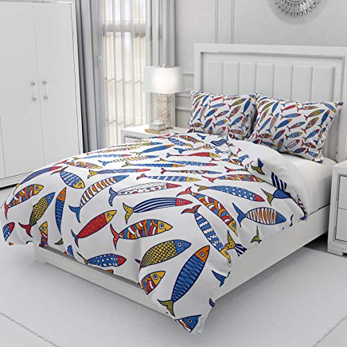 Loussiesd Kinder Bettwäsche Set Ozean Thema Tier Microfaser Bettbezug Set für Jungen Mädchen Weich Atmungsaktiv Fisch Sardinen Betten Set inkl.1 Bettbezug 135x200 cm und 1 Kissenbezüge 80x80 cm