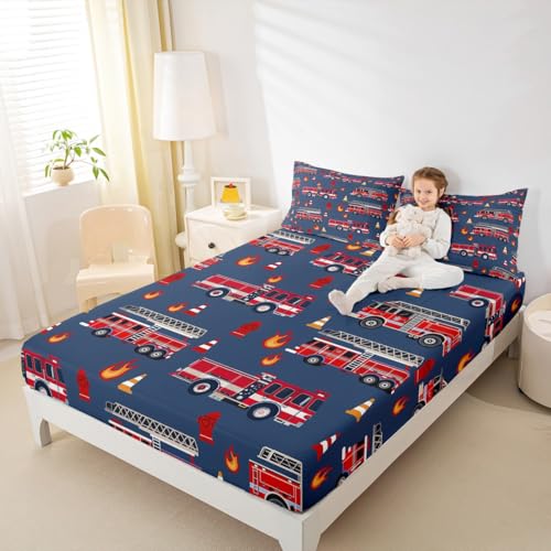 Feuerwehrfahrzeuge eingebautes Blatt S Größe 2 Stück,Cartoon Red Trucks Dekor Bettwäsche für Kinder,Cartoon Feuerwehr Hydrant Flamme Dekor Bettdecke mit 1 Kissenbezug (kein Flachblatt)