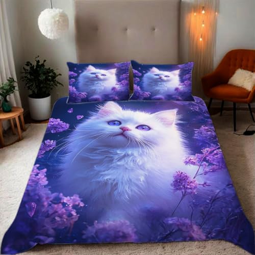 Bettwäsche 135x200 Haustierkätzchen mit violetten Augen Muster 3D Drucke geeignet für Teenager Kinder Bettwäsche-Set Mikrofaser Bettbezug Mit Reißverschluss Und 2 Kissenbezug(135x200+2*50x 75,#4?