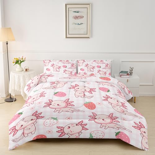 3-teiliges süßes Axolotl Strawberry Pink Gingham-Bettwäsche-Set, mädchenhaftes Bettwäsche-Set für Mädchen und Erwachsene, Schlafzimmer- oder Raumdekoration, Ganzjahres-Mikrofaser-Ste ppdecke mit 2