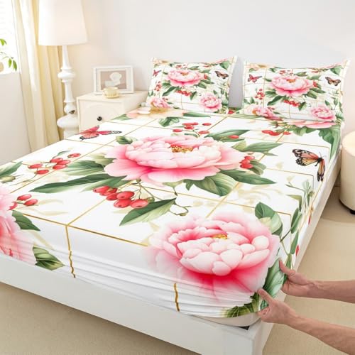 Chrysanthemum Kids M Größe Einbaublatt, Blumen Blätter Botanische Bettwäsche, Blumen Schmetterling Insekten Zimmer Dekor, Rosa Grün Fitted Blatt 1 Kissenbezüge (Keine Wohnung)