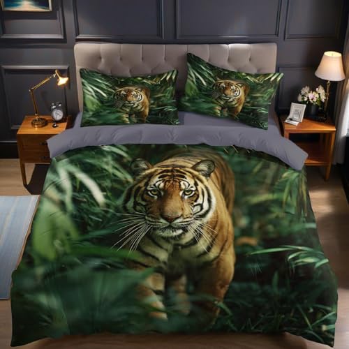 Grüner Dschungel Bettwäsche 135x200 cm Tiger Mikrofaser 3 teilig weiche Bettbezug Set mit 1 Kissenbezüge für Kinder Jugendliche Einzelbett Modernes Schlafzimmer Dekor