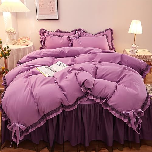 GETIYA Damen Mädchen Bettwäsche 135x200 Lila Bettwäsche mit Rüschen Unifarben Bettbezug Zweiteilig Weich Mikrofaser Bettwäsche mit Schleife Rüschen Deckenbezug mit 1 Kissenbezug 80x80
