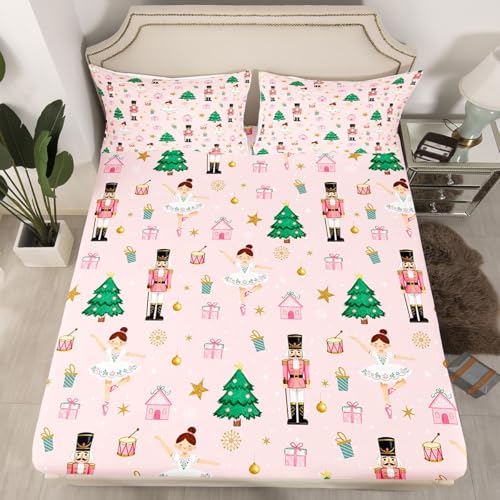 feelingyou Weihnachts Nussknacker Einbaublech S Größe Cute Ballet Girl Soldier Druck Bettdeckung, 1 Kissenbezug Pink Xmas Tannensterne Prinzessin Bettwäsche Set für Jungen