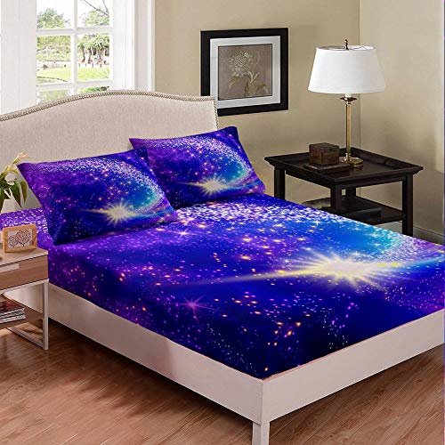 Sterne voll Spannbettlaken 140x200cm Fantasie Flieder Spannbetttuch für Kinder Jungen Mädchen Fliederhimmel Bettbezug-Set Bettwäsche Ultra weich 2St